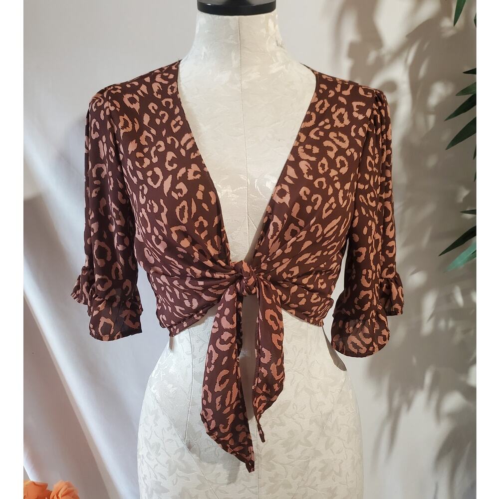 Vtg 90s Y2K Tie Front Leopard Animal Print Crop Top Size S Brown Ruffle Sleeve